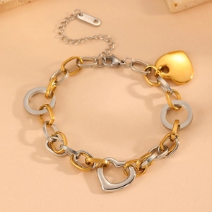Bracelet chaîne épaisse en acier inoxydable bicolore avec pendentif cœur doré et maille