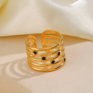 Minimalist gold multi-layer open ring with black enamel dots and hammered texture