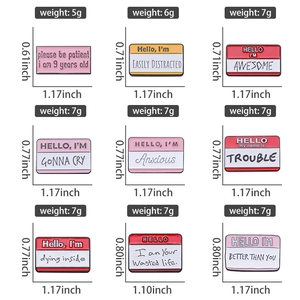 Detailed size and weight chart for nine funny alloy inspirational enamel speech bubble pins