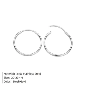 Polished 316L stainless steel hoop earrings in silver finish, size 20x20mm