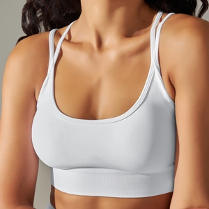 Close-up of white seamless ribbed sports bra featuring double straps and supportive texture