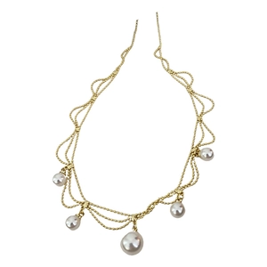 Elegant gold plated pearl necklace featuring a wavy tiered design with five white pearls