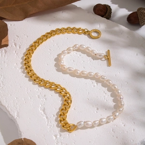 French vintage necklace with gold Cuban chain and natural freshwater pearls with OT buckle