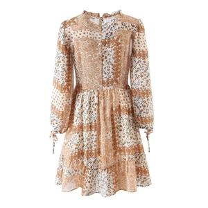 Women's orange paisley floral dress with ruffle neck and tie-cuffs on a white background