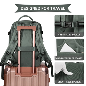 Travel backpack featuring a luggage strap, chest buckle, and breathable padded back panel