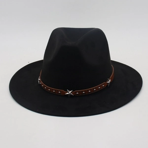 Close-up of brown leather hat band with silver metal stars and studs on a black fedora hat
