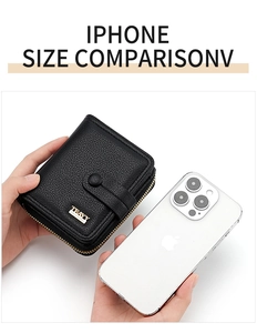 Confronto dimensioni tra portafoglio nero in pelle martellata e uno smartphone iPhone Pro