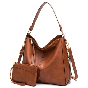 Brown vintage hobo shoulder bag set with adjustable strap and pebble leather texture