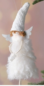 Detail of white angel doll pendant featuring knit hat and sparkling wings for Christmas