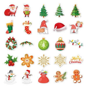 Collection of diverse Christmas themed stickers featuring Santa snowman and holiday trees