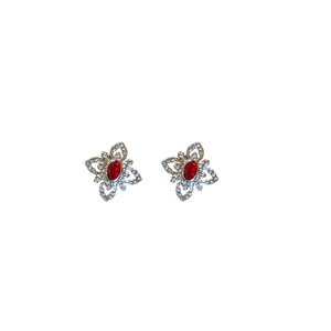 Silver flower earrings featuring red oval gemstones and sparkling micro-inlaid zircons