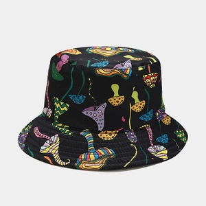 Close-up of vibrant psychedelic mushroom pattern on black foldable bucket hat