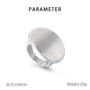 Macro view of a large oval brushed stainless steel ring with 31x24mm dimensions