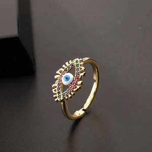Chic gold-plated evil eye open ring with colorful zircon stones and blue enamel finish