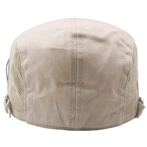 Detail view of khaki mesh newsboy cap featuring side adjustable metal buckles