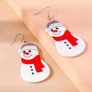 Close-up of cute acrylic snowman earrings with red scarf and silver metal hooks