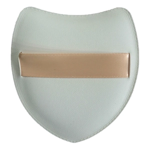 Professional white faux leather makeup sponge pouch with elegant champagne gold ribbon detail