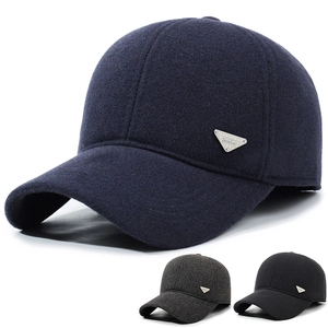 Men Winter Baseball Cap Ear Protection Thick Warm Wool Blend Fabric Metal Triangle Badge Adjustable Outdoor Casual Fashion