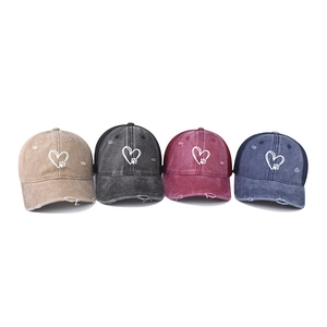 Distressed wash baseball caps with heart paw embroidery and mesh back in four colors