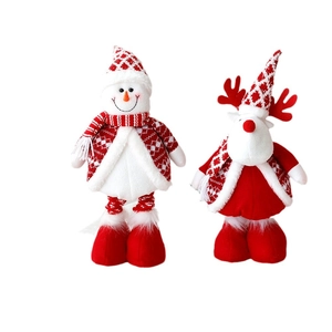 Christmas snowman and reindeer plush doll set with festive red Nordic knit hats and scarves