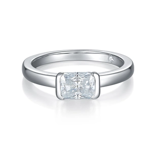 Detailed macro view of radiant cut moissanite ring with side accent diamond on silver band