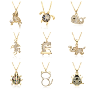 Trendy Animal Pendant Necklace Gold Copper Rhinestone Jewelry For Women Hip Hop Owl Whale Turtle Pendant Accessories