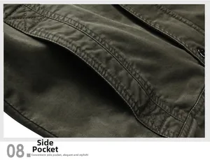 Detailansicht der Seitentasche an einer olivgrünen Cargojacke aus Baumwoll-Twill