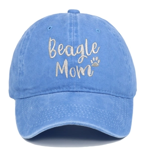 Detailed embroidery of Beagle Mom text and dog paw on washed denim baseball cap