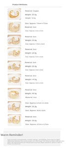 Detailed specs of golden flower ginkgo leaf open cuffs with metal weight and dimensions