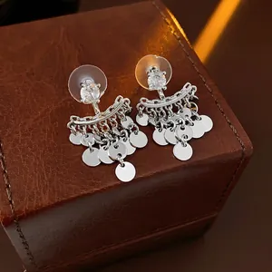 Tassel Dangle Earrings Copper Cubic Zirconia With 925 Sterling Silver Earring Post Round Sequin Fan Shaped For Women