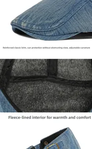 Dettagli della coppola in denim con visiera rinforzata e calda fodera in pile