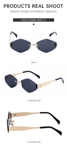 Diamond-cut rimless hexagonal sunglasses in gold frame with grey lenses from multiple angles