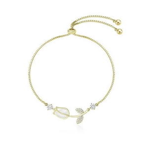 Detail of tulip bracelet with cat eye stone, gold finish, and adjustable bolo clasp