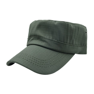 Detail of army green ripstop cadet cap featuring flat top and metal ventilation eyelets