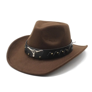 Dark brown wool cowboy hat with leather band and silver bull head metal ornament