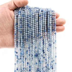 Macro view of multi-strand 3mm blue natural stone faceted round beads for DIY jewelry