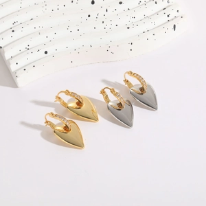 Minimalist 18K gold and silver plated heart drop earrings with pavé crystal accents