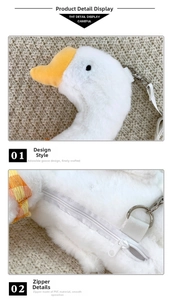Detail showing plush white goose bag with orange beak and soft zipper closure