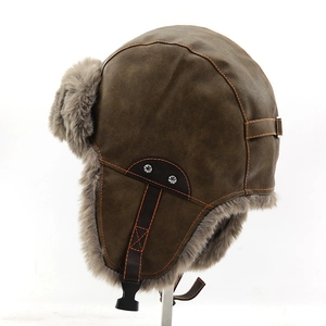 Retro faux leather aviator hat with warm grey faux fur lining and orange stitching