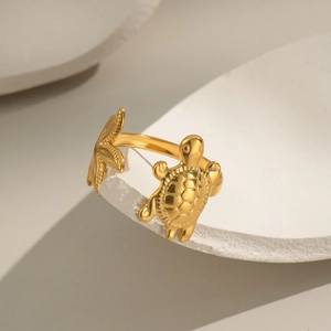 Bague ajustable thème océan en or 18 carats avec étoile de mer et tortue pour femme