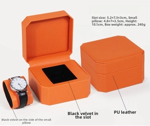 Octagonal orange PU leather watch box with black velvet lining for gift storage
