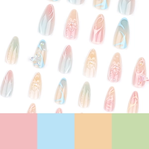 Short almond press-on nails with 3D butterflies pearls and floral summer macaron design
