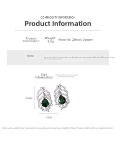 Detailed size chart for leaf drop earrings with green zircon measurements 2.5cm height