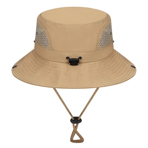 Quick-dry khaki sun hat with breathable mesh and adjustable chin strap for hiking and camping