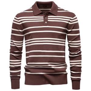 Detail of coffee and white striped knit polo with ribbed cuffs and three-button collar