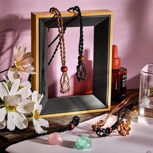 Handmade woven cord stone holder necklace with adjustable wooden bead in black and brown