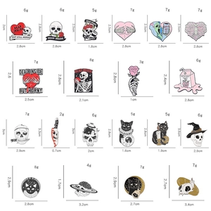 Variety of Gothic enamel pins featuring skull and black cat designs for Halloween
