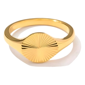 Minimalist gold stainless steel ring featuring a sunburst textured oval face on white background