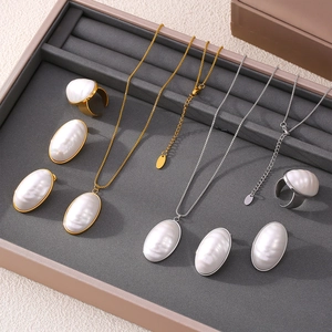 French style oval shell jewelry set with 18k gold plated necklace and matching ring