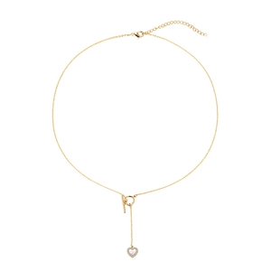 Minimalist gold heart necklace with mother of pearl and small crystals on white background